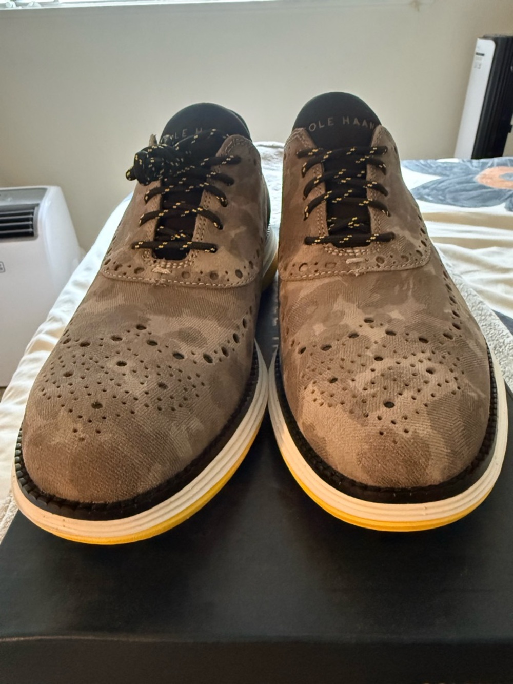 Cole Haan Gray Suede Brogue Oxfords with Yellow-Trim Sole